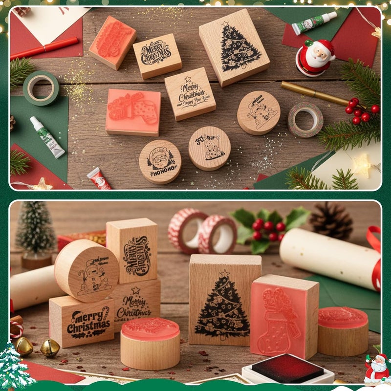 Supervitae 8 Pcs Christmas Wooden Rubber Stamp Set Merry Christmas Vintage Wooden Art Stamps for Crafting and DIY Scrapbooking Card Making Hand Book - Image 4